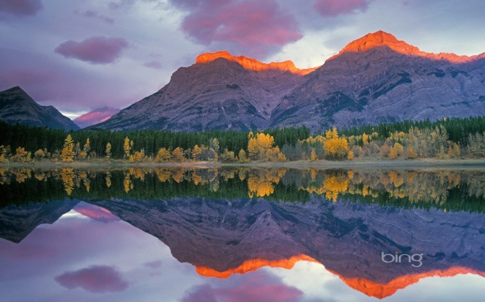 Canada, Alberta, Kananaskis Country, Wedge Pond and Mt. Kidd, sunrise.  Peter Lougheed Provincial Park, Aug 2001.